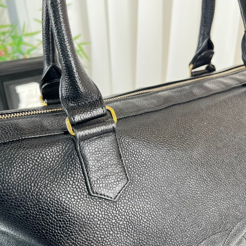 CHANEL 中古金球荔枝皮黑金手提包 大logo 牛皮機場包-6