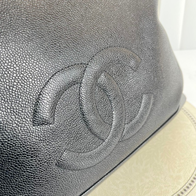 CHANEL 中古金球荔枝皮黑金手提包 大logo 牛皮機場包-7