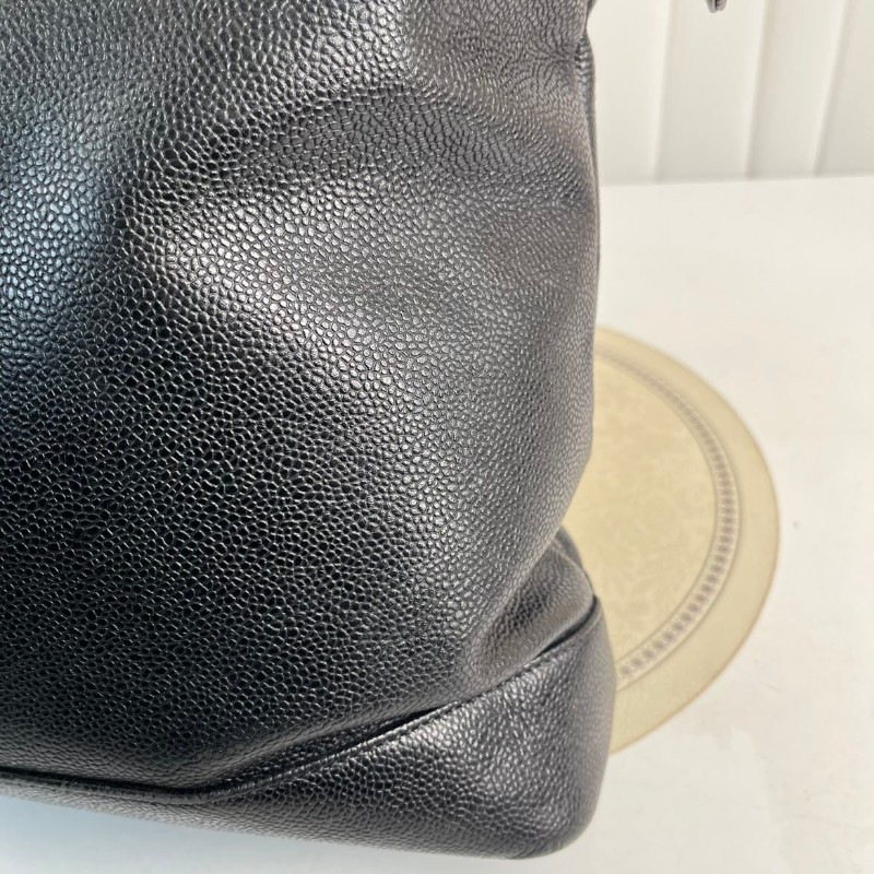 CHANEL 中古金球荔枝皮黑金手提包 大logo 牛皮機場包-8