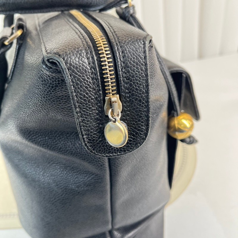 CHANEL 中古金球荔枝皮黑金手提包 大logo 牛皮機場包-10