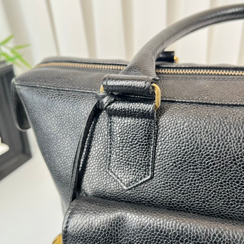 CHANEL 中古金球荔枝皮黑金手提包 大logo 牛皮機場包-12