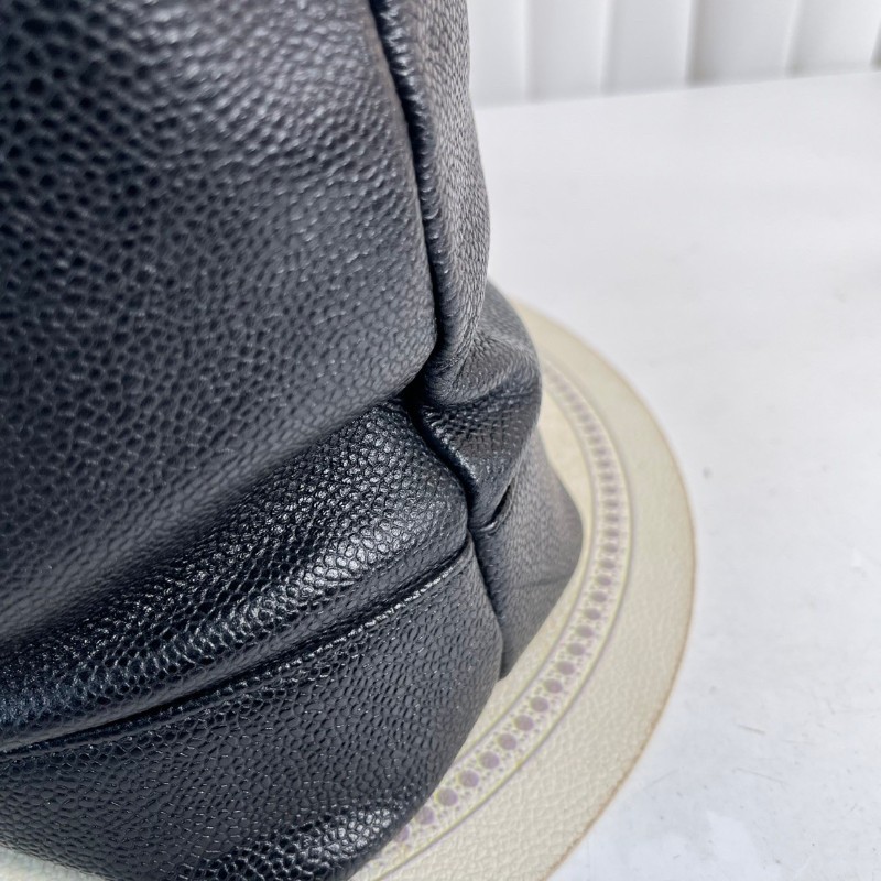 CHANEL 中古金球荔枝皮黑金手提包 大logo 牛皮機場包-13