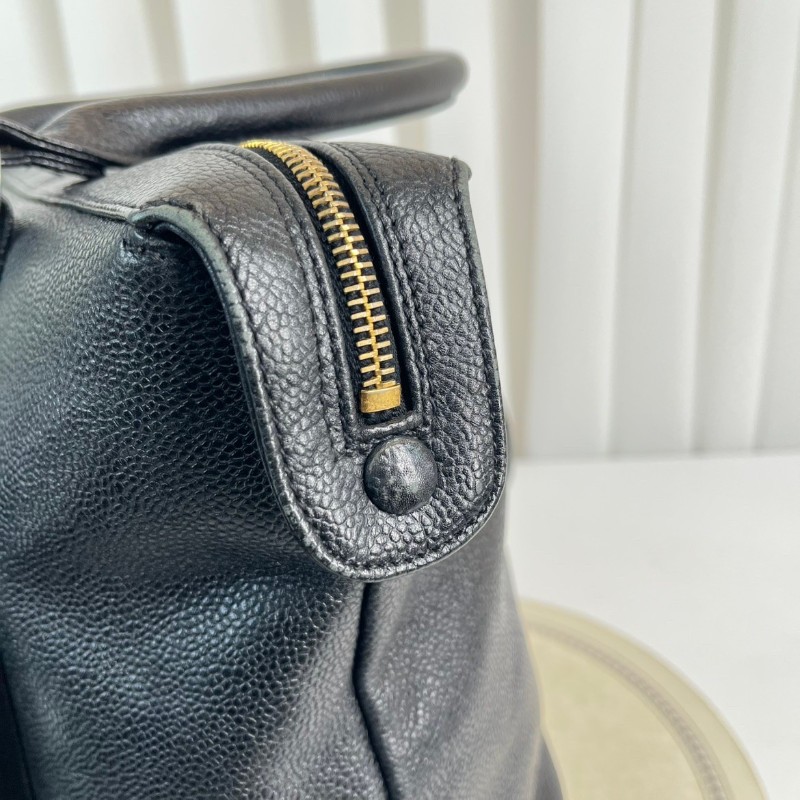 CHANEL 中古金球荔枝皮黑金手提包 大logo 牛皮機場包-15