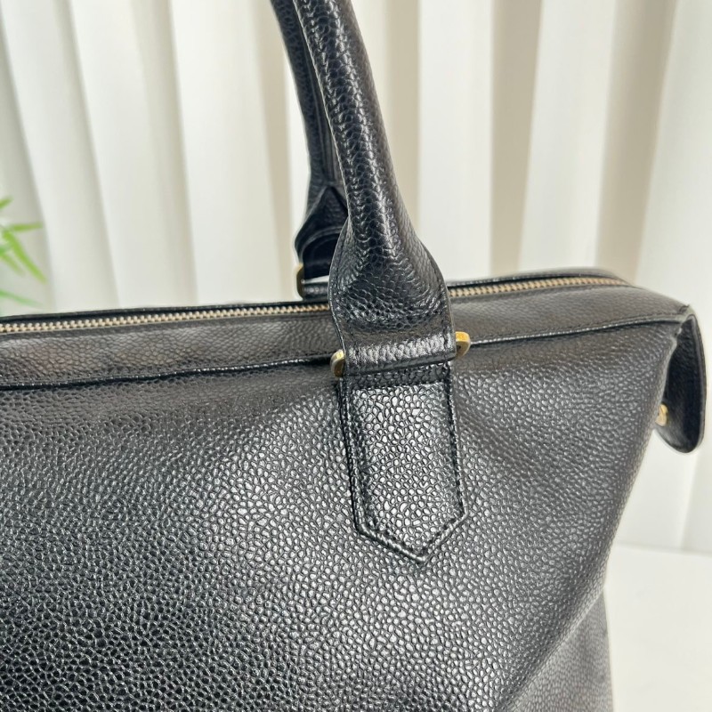 CHANEL 中古金球荔枝皮黑金手提包 大logo 牛皮機場包-18