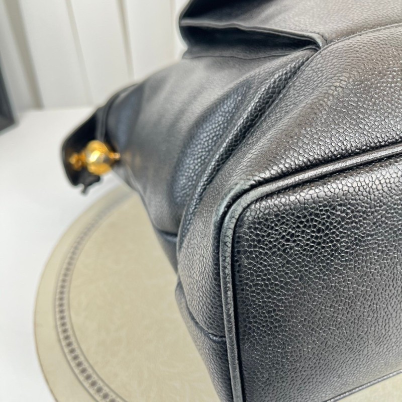 CHANEL 中古金球荔枝皮黑金手提包 大logo 牛皮機場包-20