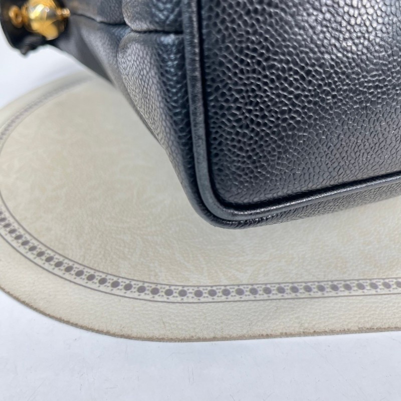 CHANEL 中古金球荔枝皮黑金手提包 大logo 牛皮機場包-21