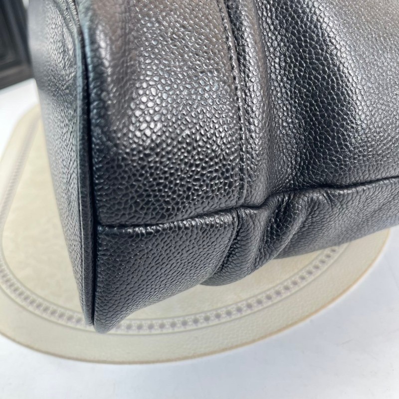 CHANEL 中古金球荔枝皮黑金手提包 大logo 牛皮機場包-22