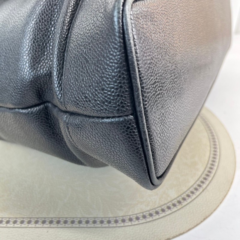 CHANEL 中古金球荔枝皮黑金手提包 大logo 牛皮機場包-23