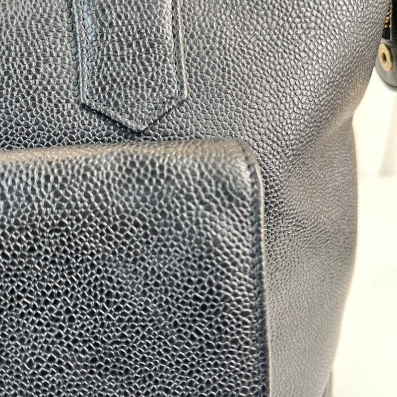 CHANEL 中古金球荔枝皮黑金手提包 大logo 牛皮機場包-25