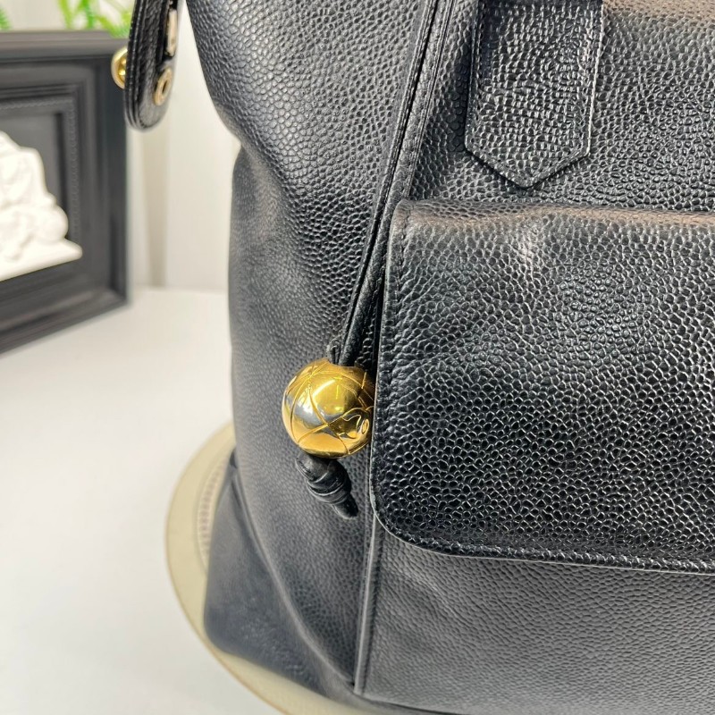 CHANEL 中古金球荔枝皮黑金手提包 大logo 牛皮機場包-26