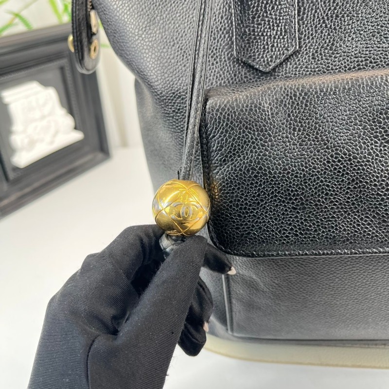 CHANEL 中古金球荔枝皮黑金手提包 大logo 牛皮機場包-27