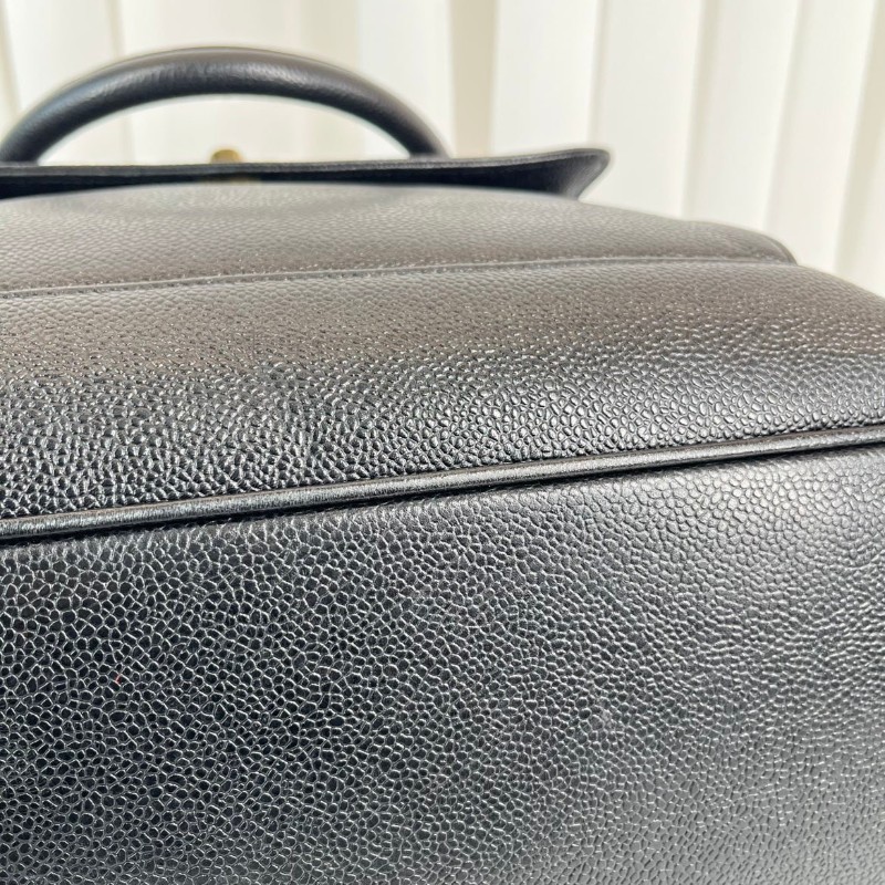 CHANEL 中古金球荔枝皮黑金手提包 大logo 牛皮機場包-29