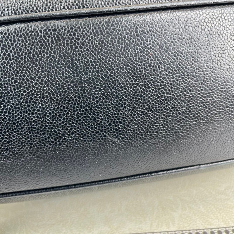 CHANEL 中古金球荔枝皮黑金手提包 大logo 牛皮機場包-30