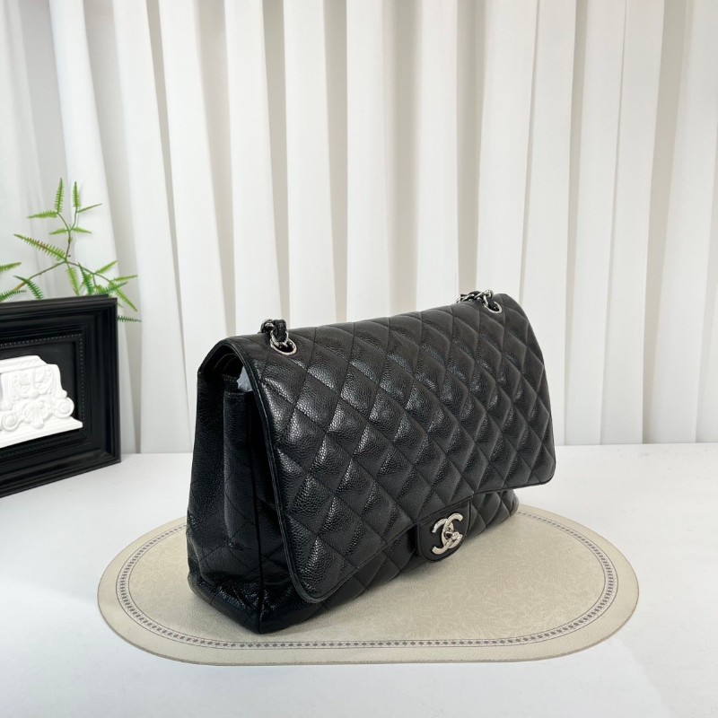 CHANEL Jumbo Classic Flap CF 經典菱格皮穿鏈鏈條銀扣顆粒壓花 牛皮拼銀色金屬 口蓋包-3