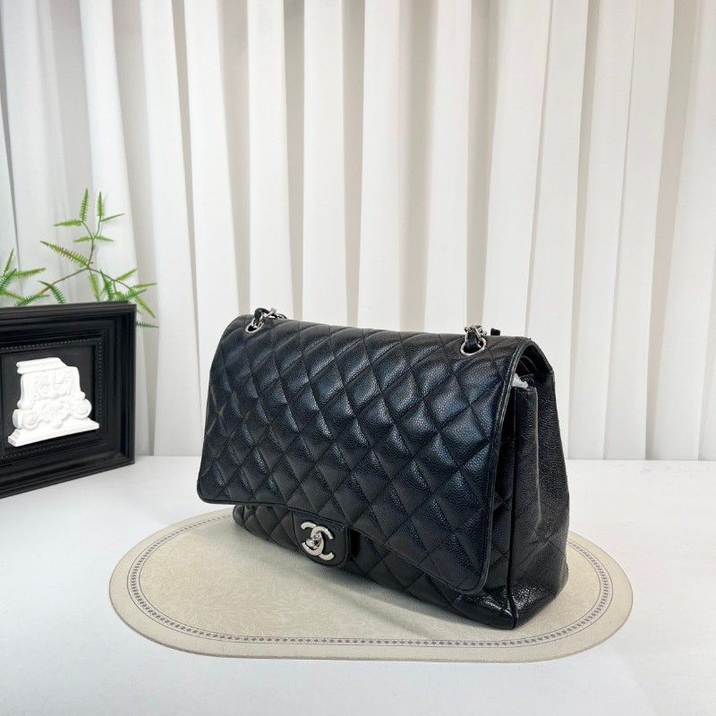 CHANEL Jumbo Classic Flap CF 經典菱格皮穿鏈鏈條銀扣顆粒壓花 牛皮拼銀色金屬 口蓋包-4