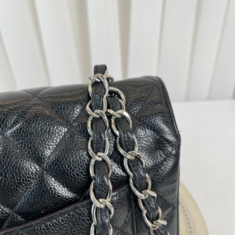 CHANEL Jumbo Classic Flap CF 經典菱格皮穿鏈鏈條銀扣顆粒壓花 牛皮拼銀色金屬 口蓋包-7