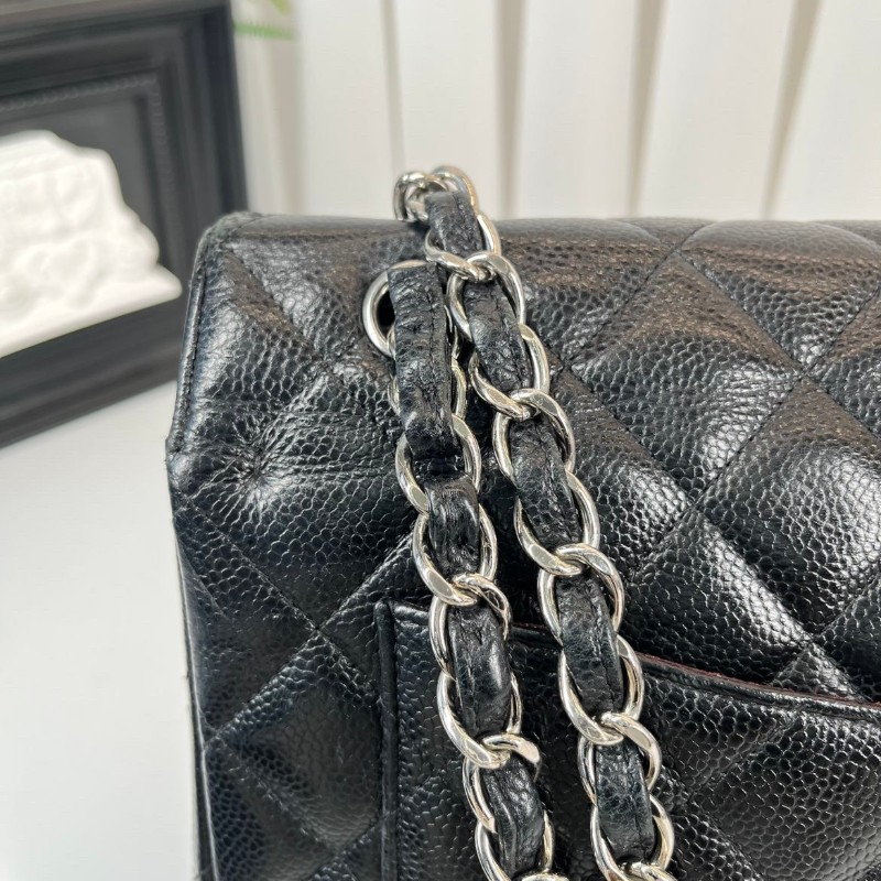 CHANEL Jumbo Classic Flap CF 經典菱格皮穿鏈鏈條銀扣顆粒壓花 牛皮拼銀色金屬 口蓋包-8