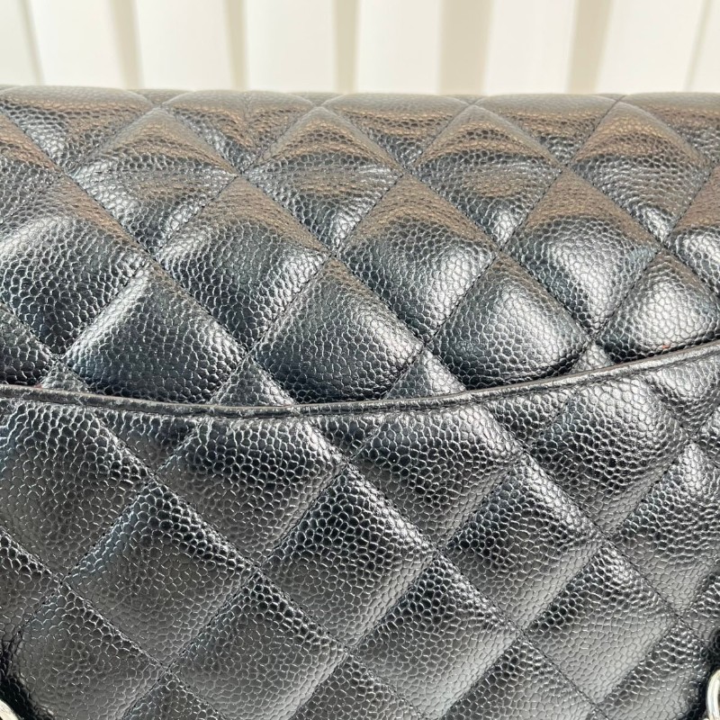 CHANEL Jumbo Classic Flap CF 經典菱格皮穿鏈鏈條銀扣顆粒壓花 牛皮拼銀色金屬 口蓋包-9