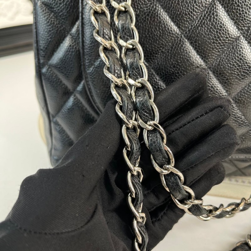 CHANEL Jumbo Classic Flap CF 經典菱格皮穿鏈鏈條銀扣顆粒壓花 牛皮拼銀色金屬 口蓋包-10