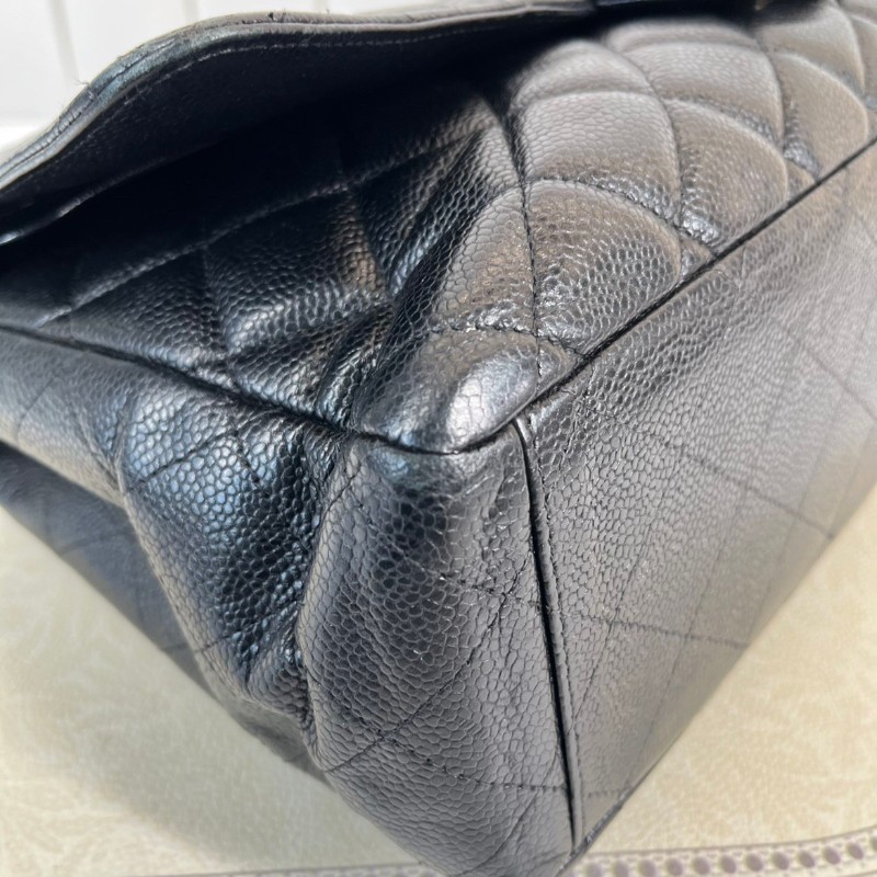 CHANEL Jumbo Classic Flap CF 經典菱格皮穿鏈鏈條銀扣顆粒壓花 牛皮拼銀色金屬 口蓋包-13