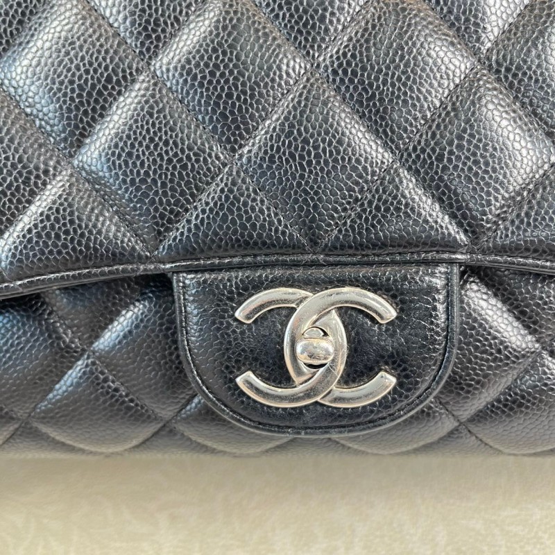 CHANEL Jumbo Classic Flap CF 經典菱格皮穿鏈鏈條銀扣顆粒壓花 牛皮拼銀色金屬 口蓋包-14