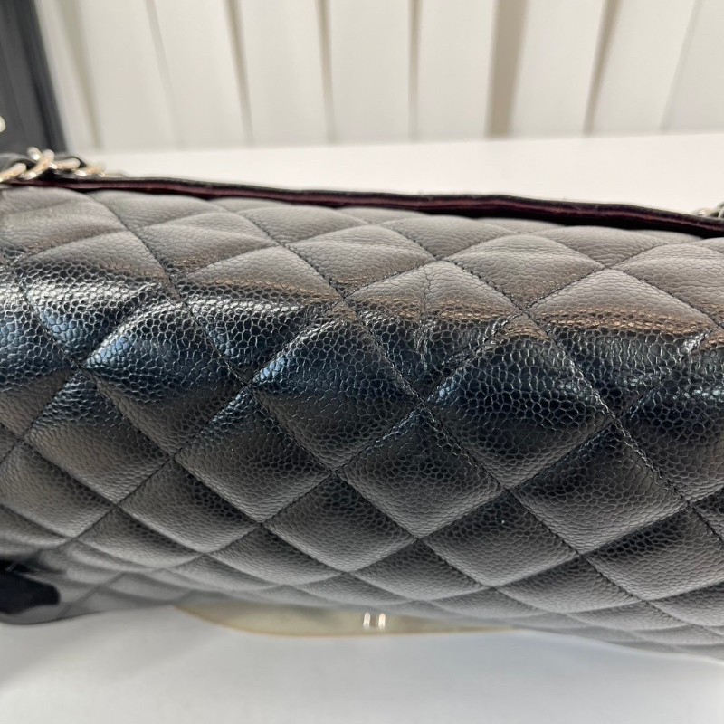 CHANEL Jumbo Classic Flap CF 經典菱格皮穿鏈鏈條銀扣顆粒壓花 牛皮拼銀色金屬 口蓋包-18