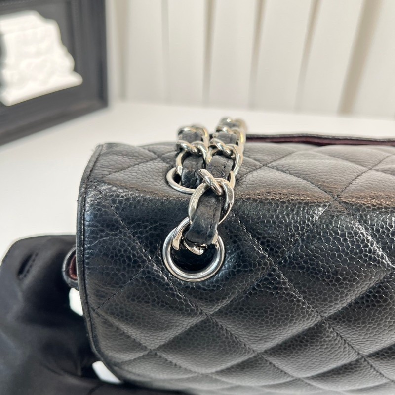 CHANEL Jumbo Classic Flap CF 經典菱格皮穿鏈鏈條銀扣顆粒壓花 牛皮拼銀色金屬 口蓋包-19