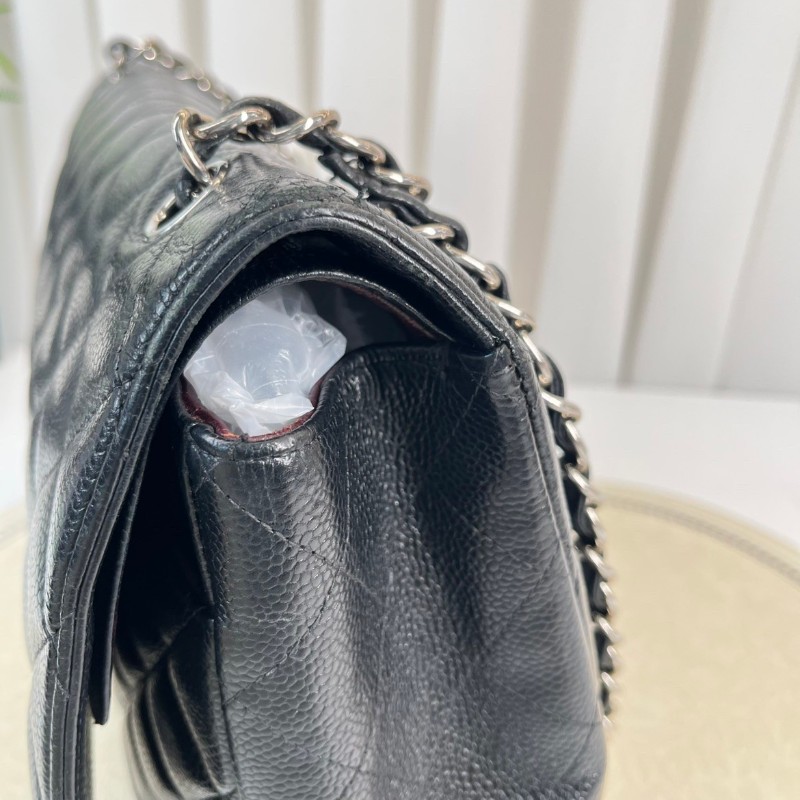 CHANEL Jumbo Classic Flap CF 經典菱格皮穿鏈鏈條銀扣顆粒壓花 牛皮拼銀色金屬 口蓋包-20