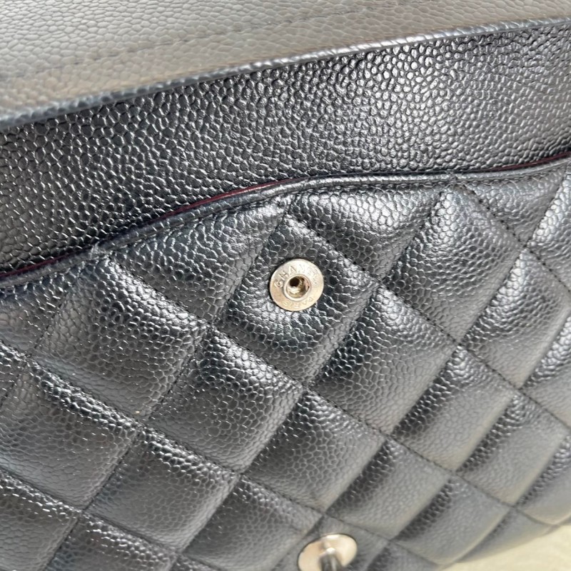 CHANEL Jumbo Classic Flap CF 經典菱格皮穿鏈鏈條銀扣顆粒壓花 牛皮拼銀色金屬 口蓋包-21