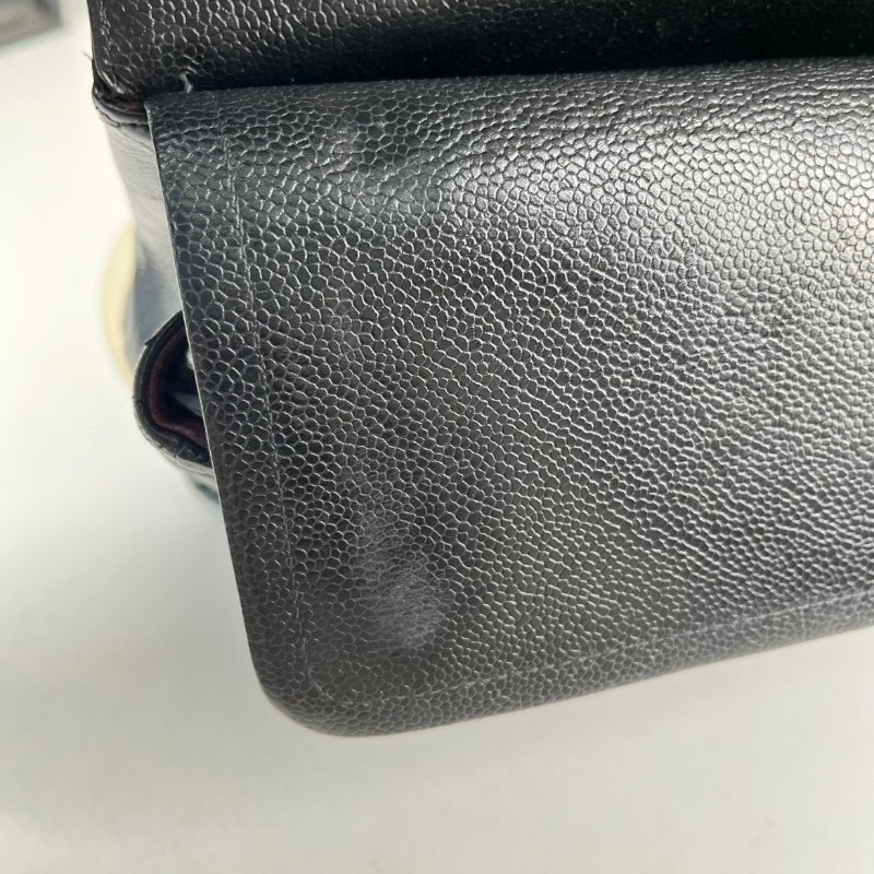 CHANEL Jumbo Classic Flap CF 經典菱格皮穿鏈鏈條銀扣顆粒壓花 牛皮拼銀色金屬 口蓋包-27