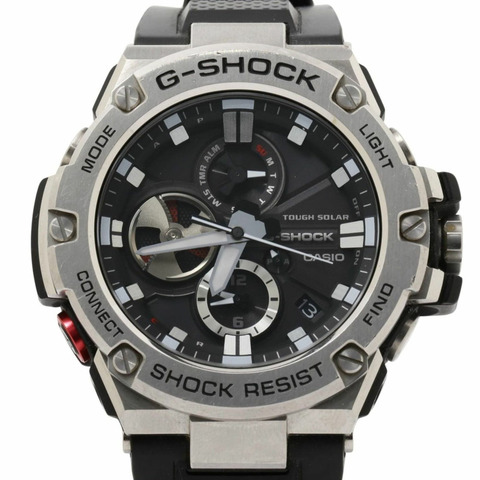 卡西歐 G-SHOCK G-STEEL GSTB100 系列男士腕錶 (GSTB1001AJF)，黑色和銀色樹脂錶帶搭配不鏽鋼錶殼。