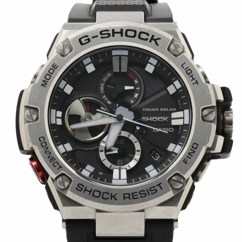 卡西歐 G-SHOCK G-STEEL GSTB100 系列男士腕錶 (GSTB1001AJF)，黑色和銀色樹脂錶帶搭配不鏽鋼錶殼。-0