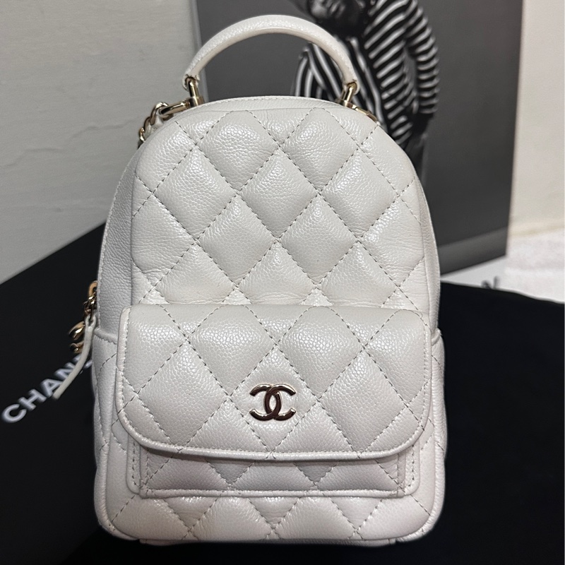 Chanel 香奈兒 粒紋牛皮淡金釦 迷你後背包(AP3753-白) ✨-6