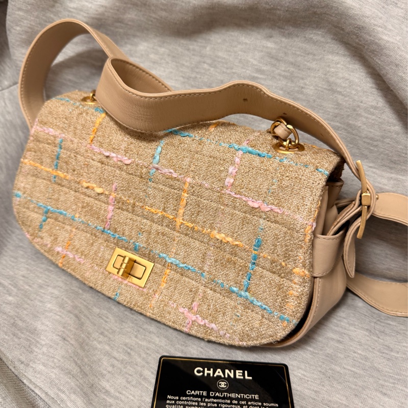 Chanel2.55經典香奈兒米色粗呢金扣2.55包*保卡雷標-1