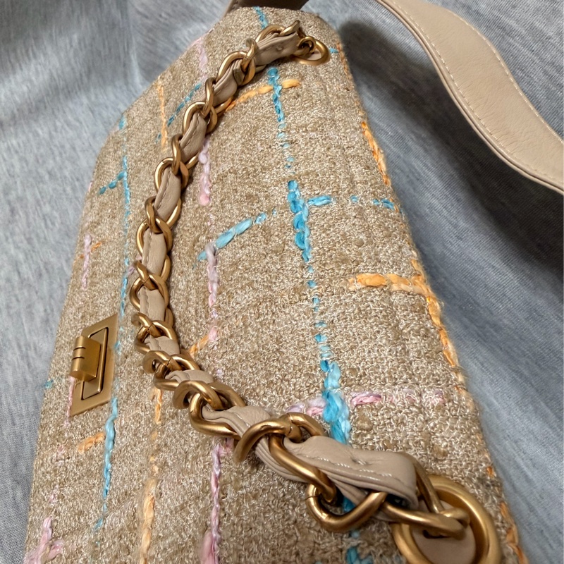 Chanel2.55經典香奈兒米色粗呢金扣2.55包*保卡雷標-4