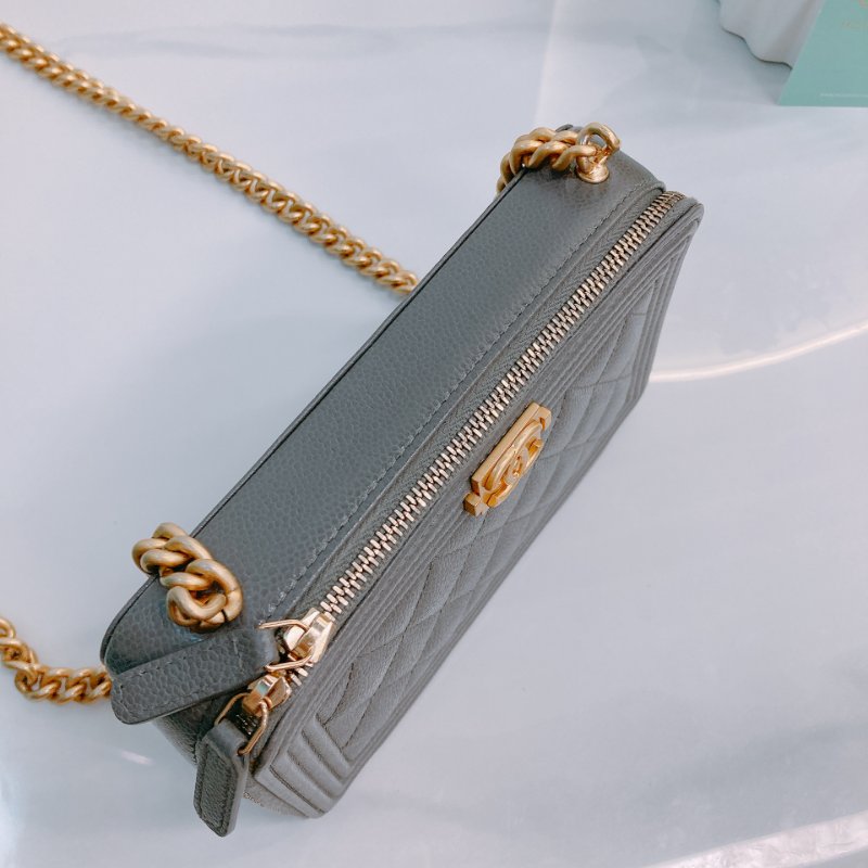 MS0443 Chanel 香奈兒 男孩 鏈條 錢包 小號 魚子醬 荔枝紋牛皮 灰色 金扣 斜背 Boy Wallet On Chain Small Caviar Grey x GHW-9