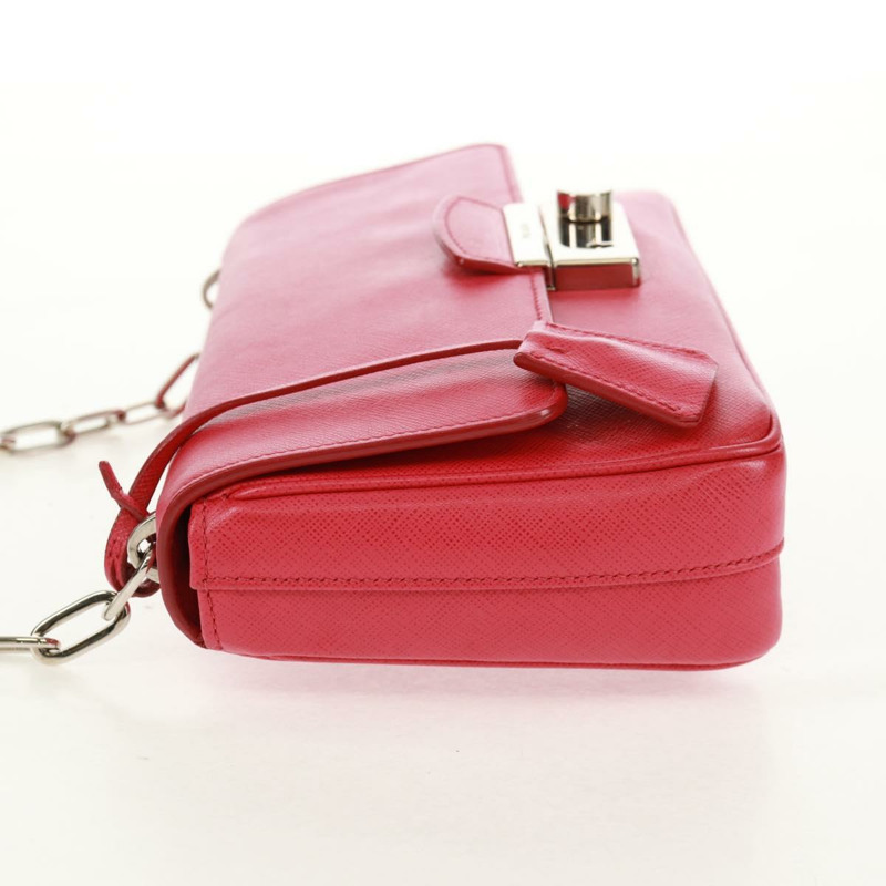 【日本直送】PRADA 鏈條單肩包 Safiano 皮革 紅色 銀色 正品 ka1025V-2