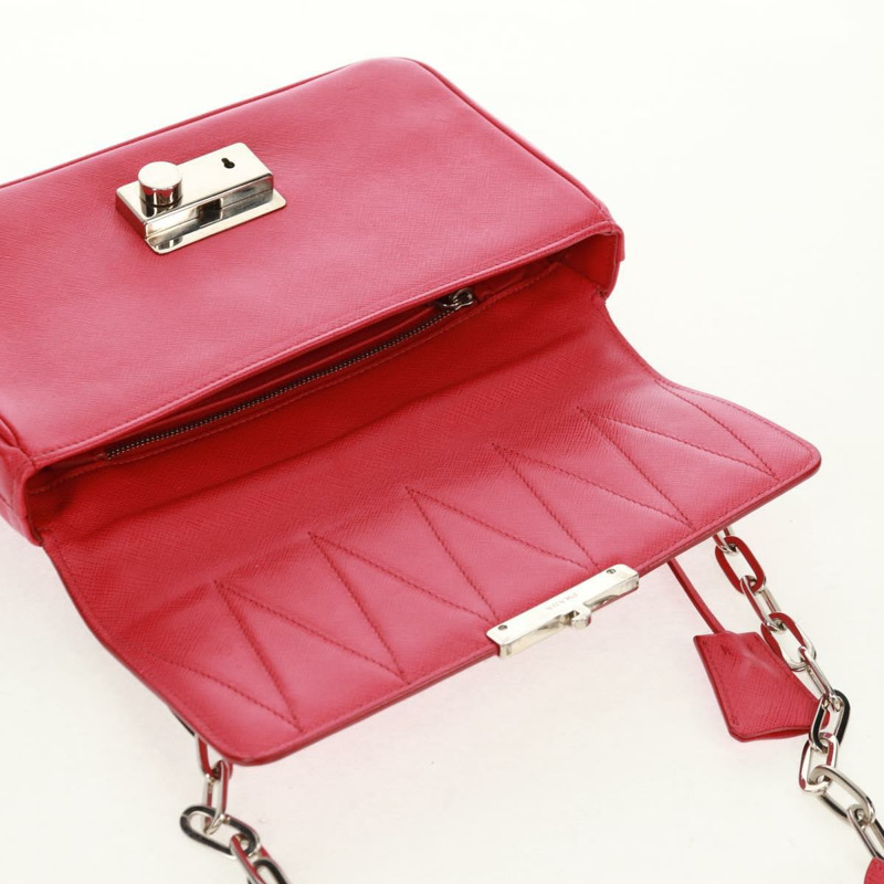 【日本直送】PRADA 鏈條單肩包 Safiano 皮革 紅色 銀色 正品 ka1025V-19