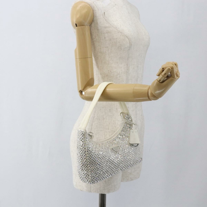 【日本直送】PRADA 鑲鑽手提包 緞面 白色 銀色 正品 am10329V-21