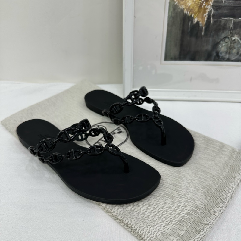 愛馬仕 lsland豬鼻子黑色人字拖 35碼 閒置-0