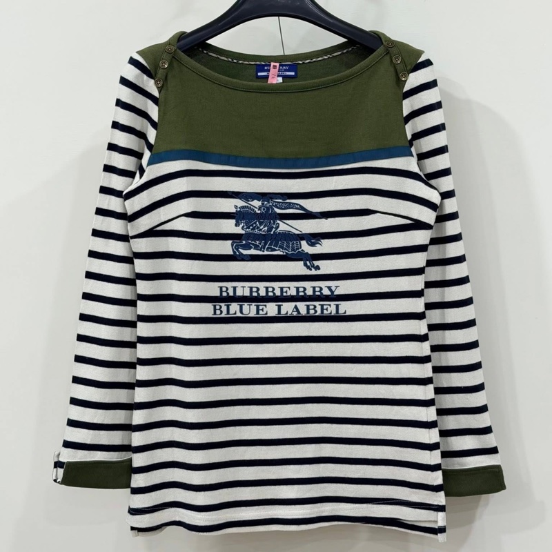 BURBERRY 藍標 肩釦大戰馬橫條反折袖上衣-0