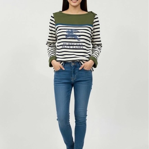 BURBERRY 藍標 肩釦大戰馬橫條反折袖上衣