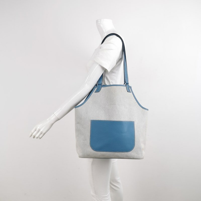 Hermes Jardinier單肩包Clemence(TC)牛皮帆布銀扣75牛仔藍米白色-1