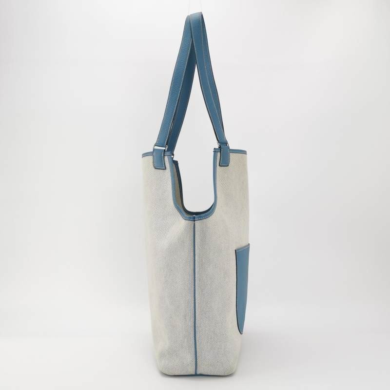 Hermes Jardinier單肩包Clemence(TC)牛皮帆布銀扣75牛仔藍米白色-3