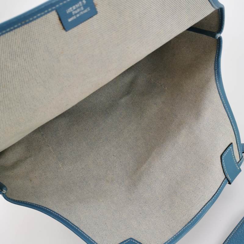Hermes Jardinier單肩包Clemence(TC)牛皮帆布銀扣75牛仔藍米白色-6