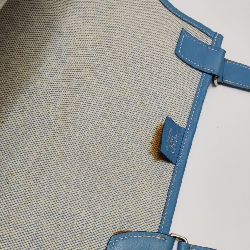 Hermes Jardinier單肩包Clemence(TC)牛皮帆布銀扣75牛仔藍米白色-9
