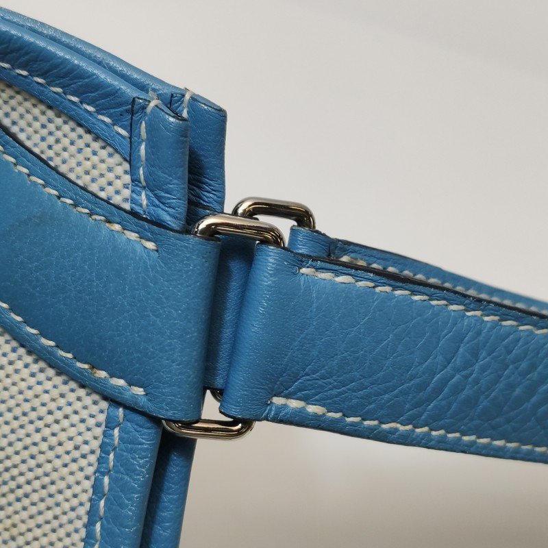 Hermes Jardinier單肩包Clemence(TC)牛皮帆布銀扣75牛仔藍米白色-11