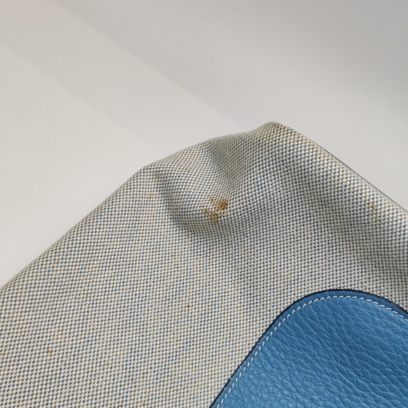 Hermes Jardinier單肩包Clemence(TC)牛皮帆布銀扣75牛仔藍米白色-16