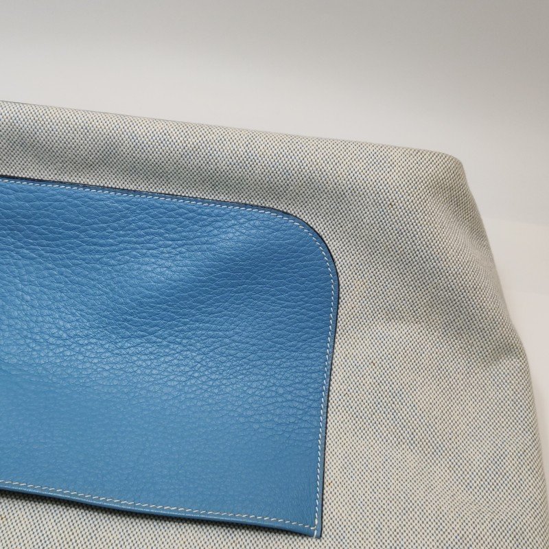 Hermes Jardinier單肩包Clemence(TC)牛皮帆布銀扣75牛仔藍米白色-21