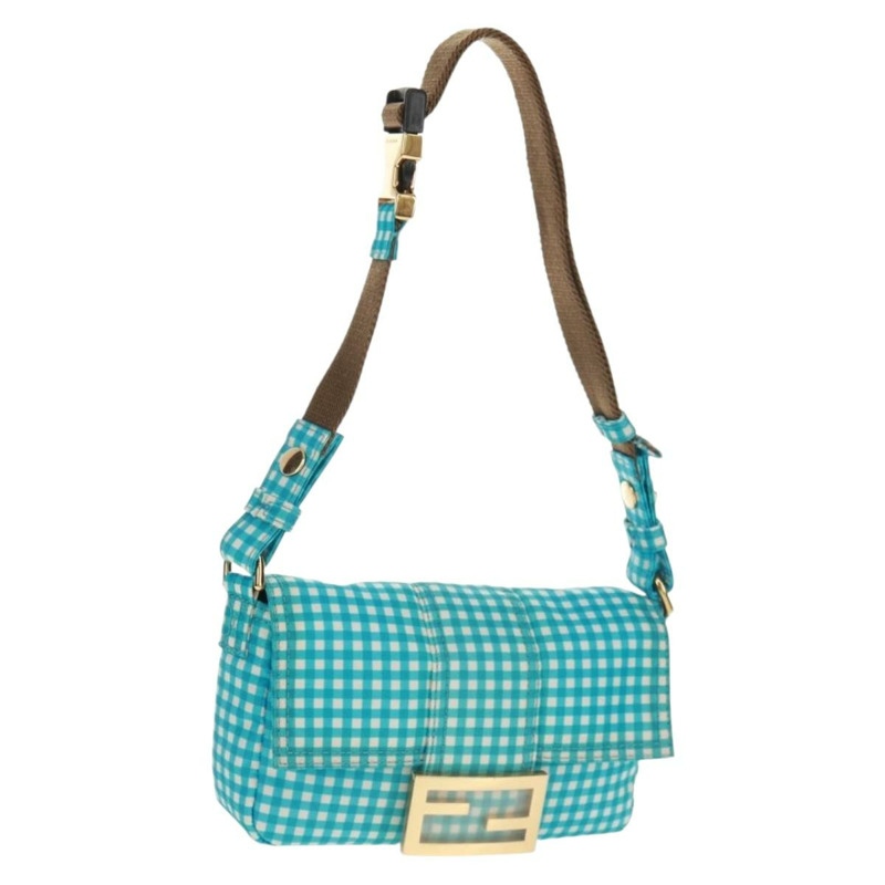 【日本直送】FENDI Mamma Baguette 肩背包 尼龍材質 淺藍色 金色 正品 158965V-0